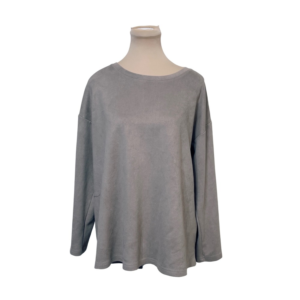 Joh Women Taupe Faux Suede Long Sleeve Relaxed Top L Neutral Minimalist Casual